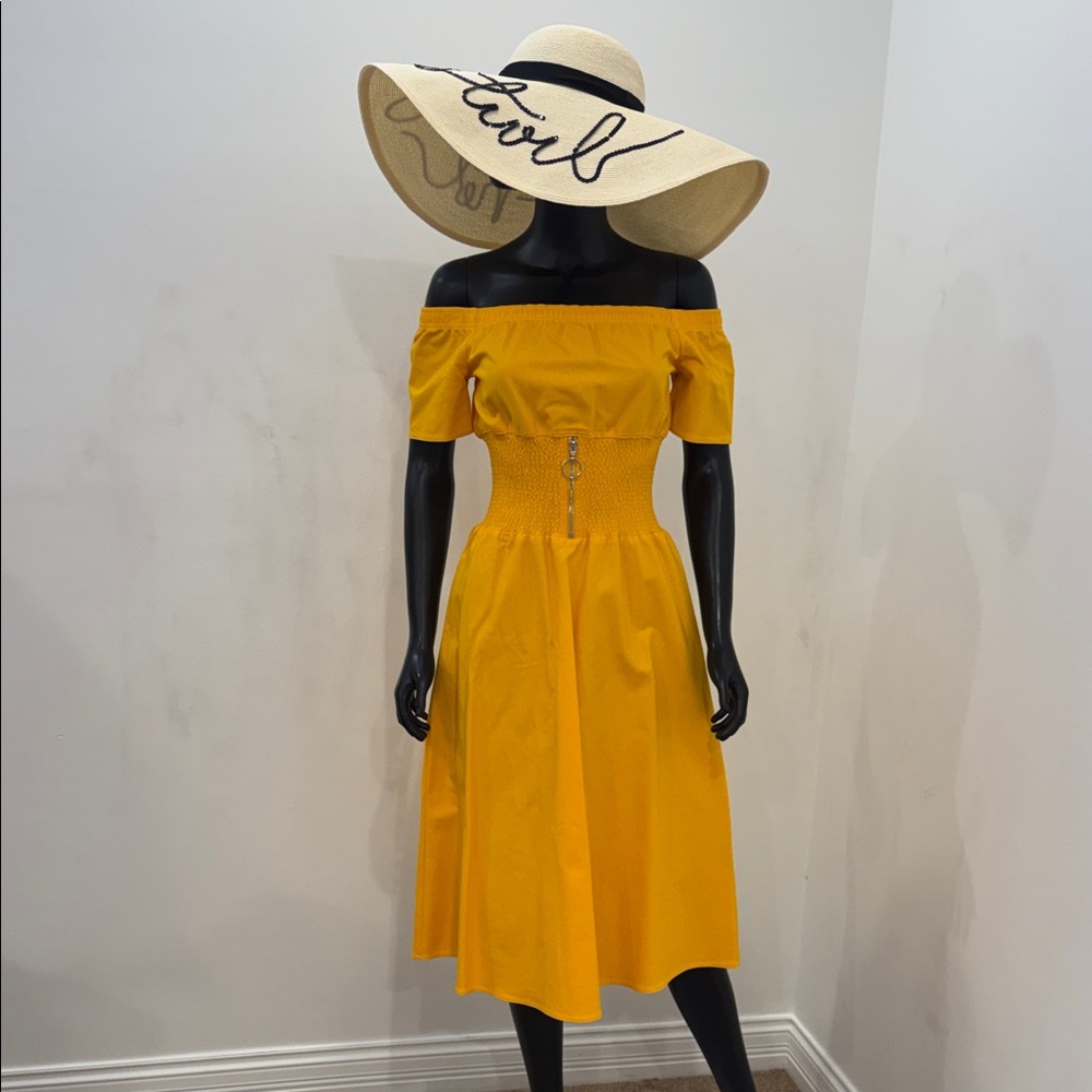 MAJORELLE Yellow Off Shoulder Smocked Midi Dress Size 2 Resort Summer NEW